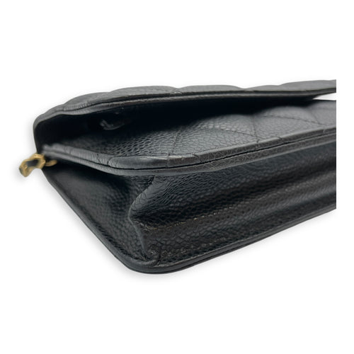 Quilted CC Wallet on Chain Black Crossbody Bag in Caviar Leather, Gold hardware