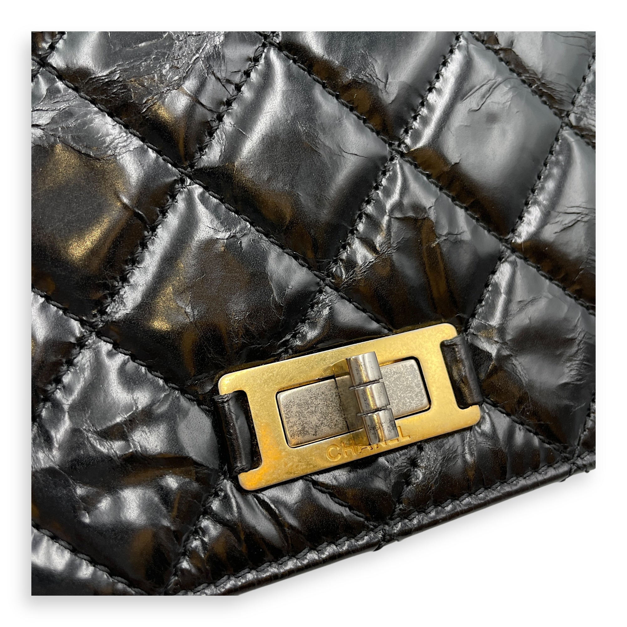 Crinkled Quilted Rita Flap Black Shoulder Bag in Distressed Leather, Brushed Gold hardware