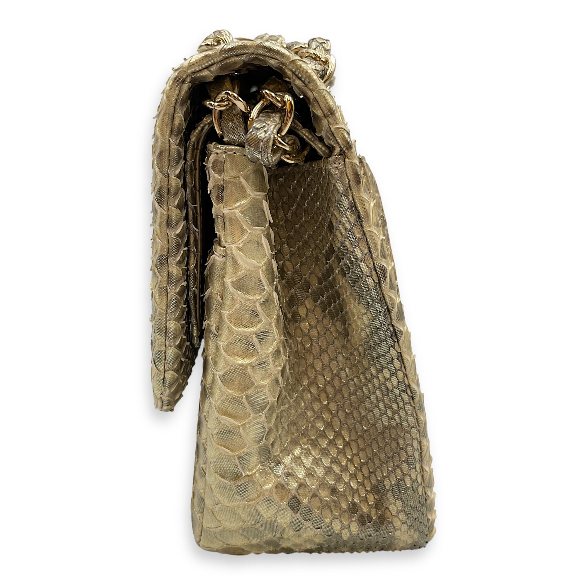 Python Double Flap Jumbo Gold Shoulder Bag in Python Leather, Gold hardware