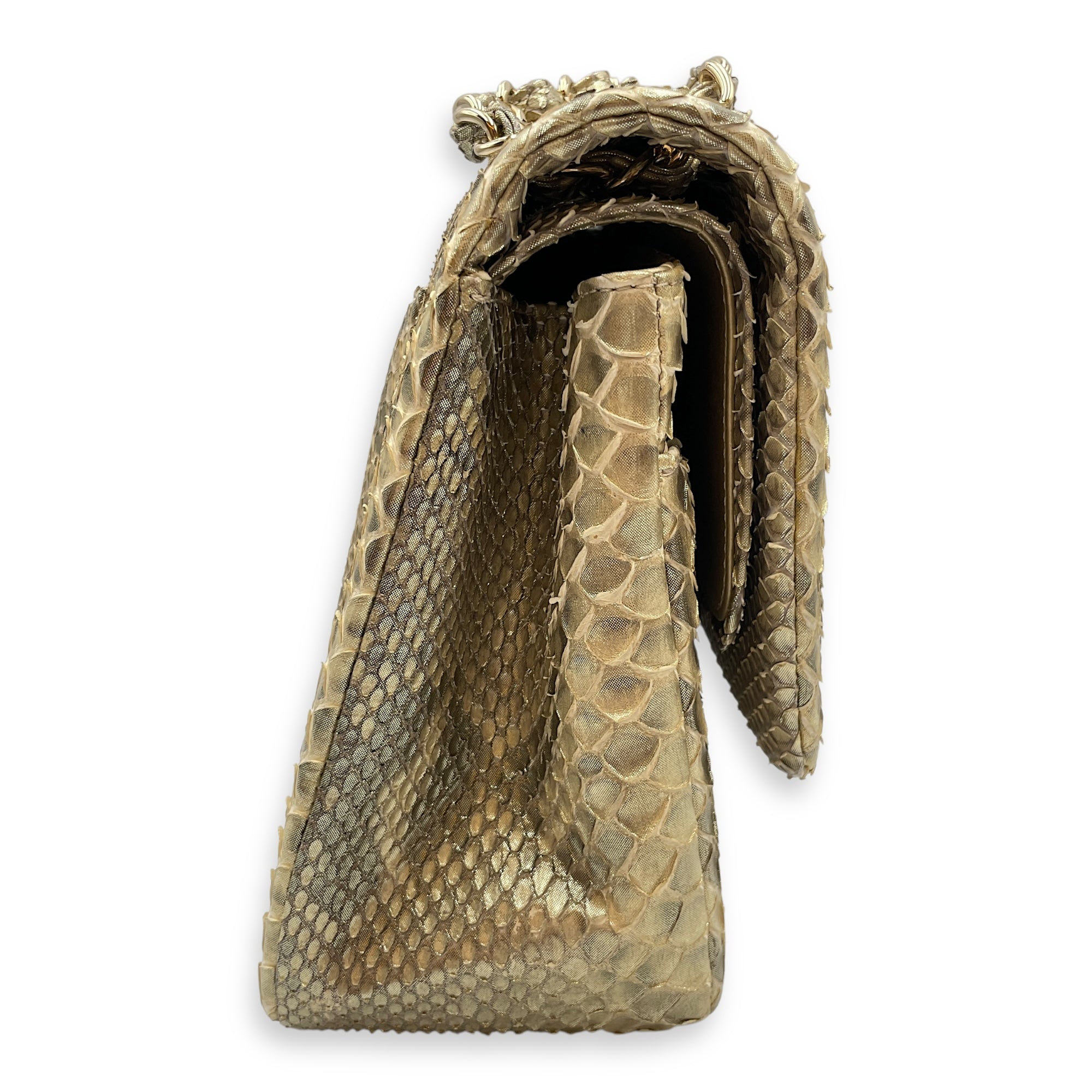 Python Double Flap Jumbo Gold Shoulder Bag in Python Leather, Gold hardware