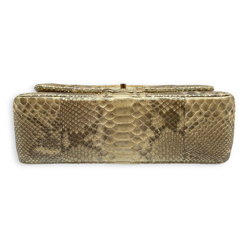 Python Double Flap Jumbo Gold Shoulder Bag in Python Leather, Gold hardware