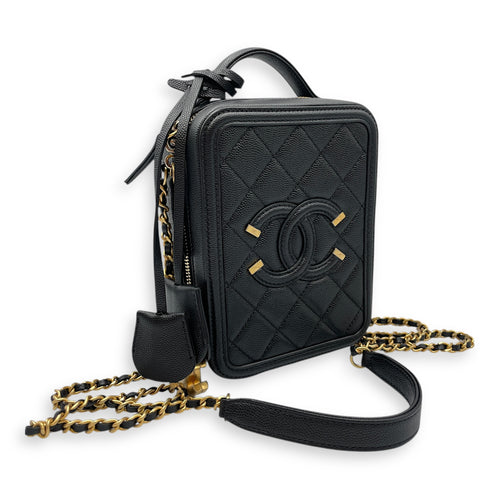 Quilted Filigree Vanity Case Black Crossbody Bag in Caviar Leather, Gold hardware