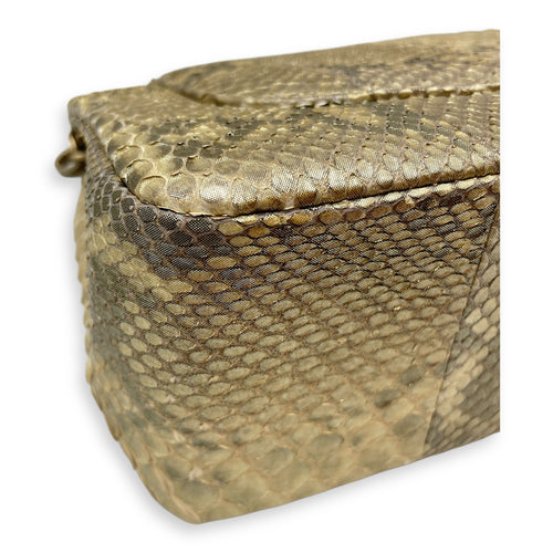 Python Double Flap Jumbo Gold Shoulder Bag in Python Leather, Gold hardware