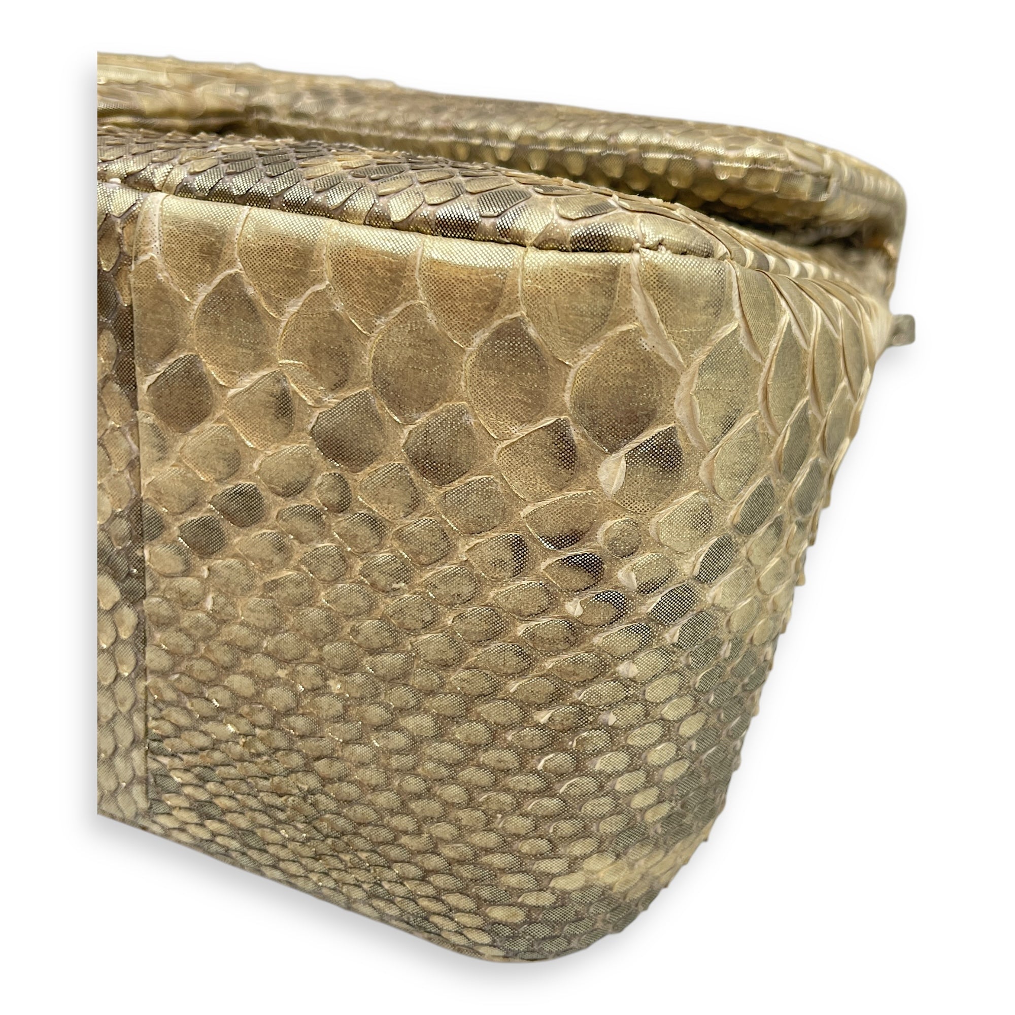Python Double Flap Jumbo Gold Shoulder Bag in Python Leather, Gold hardware