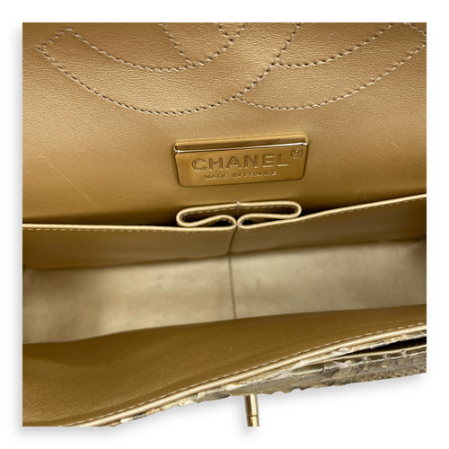 Python Double Flap Jumbo Gold Shoulder Bag in Python Leather, Gold hardware