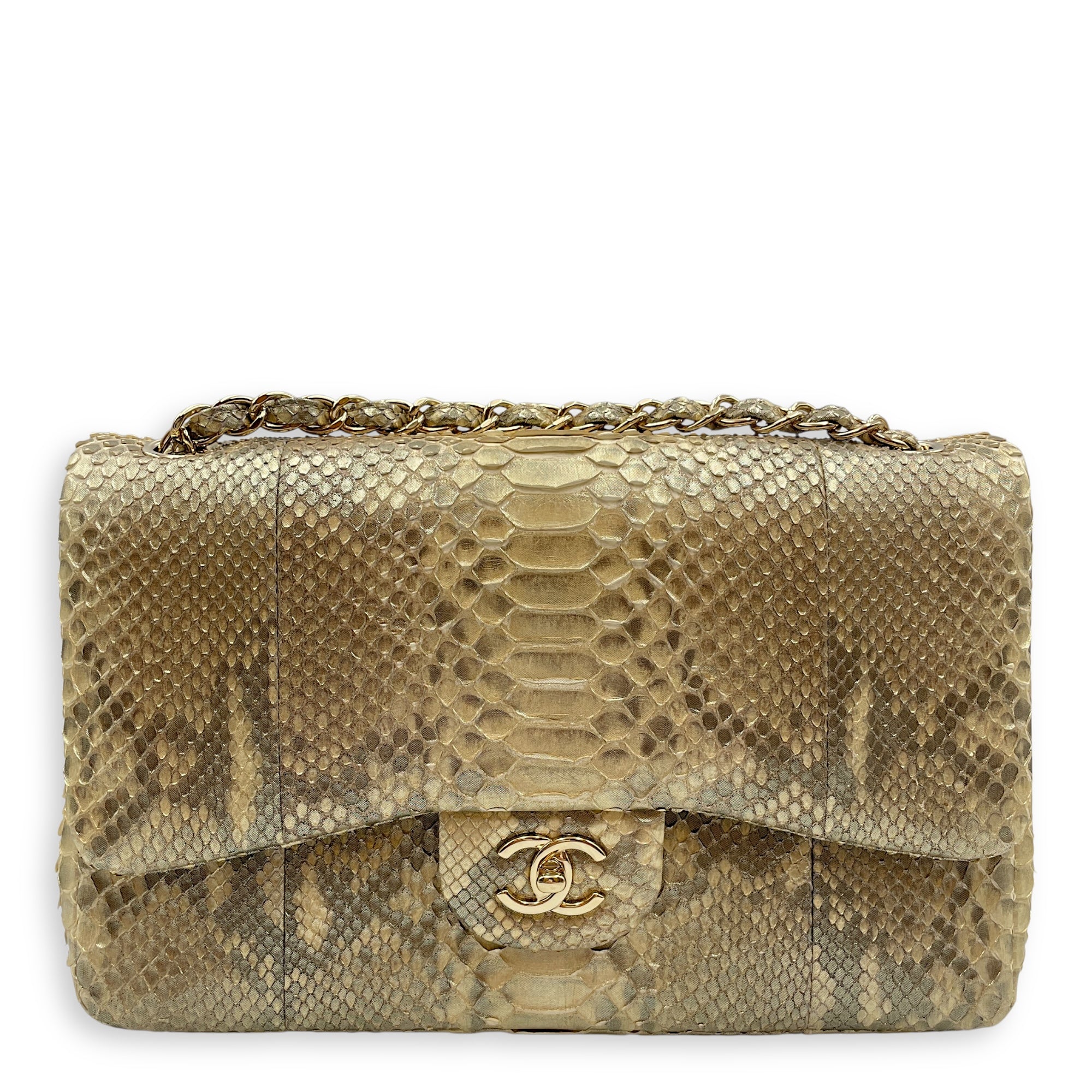 Python Double Flap Jumbo Gold Shoulder Bag in Python Leather, Gold hardware