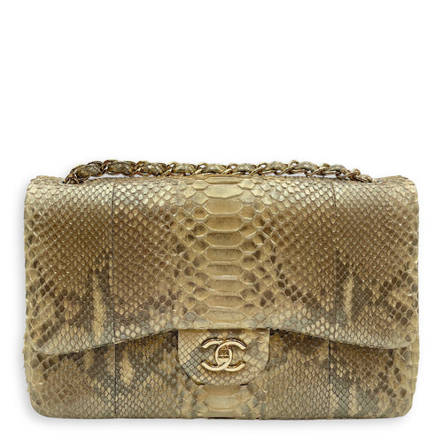 Python Double Flap Jumbo Gold Shoulder Bag in Python Leather, Gold hardware