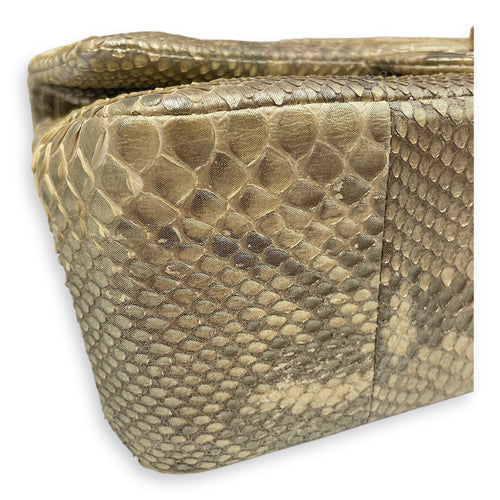 Python Double Flap Jumbo Gold Shoulder Bag in Python Leather, Gold hardware