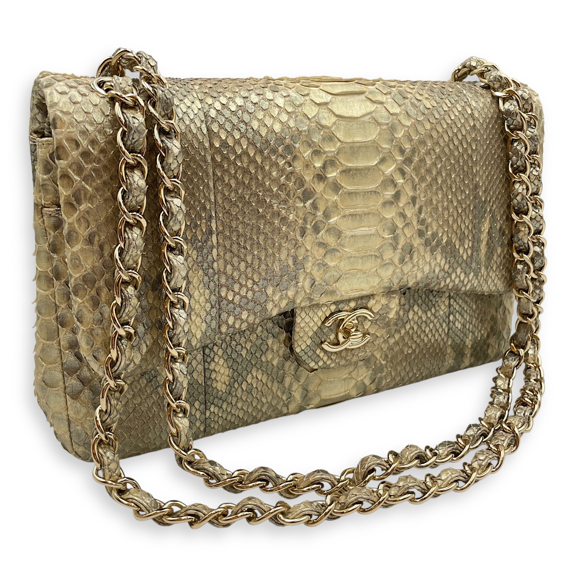 Python Double Flap Jumbo Gold Shoulder Bag in Python Leather, Gold hardware