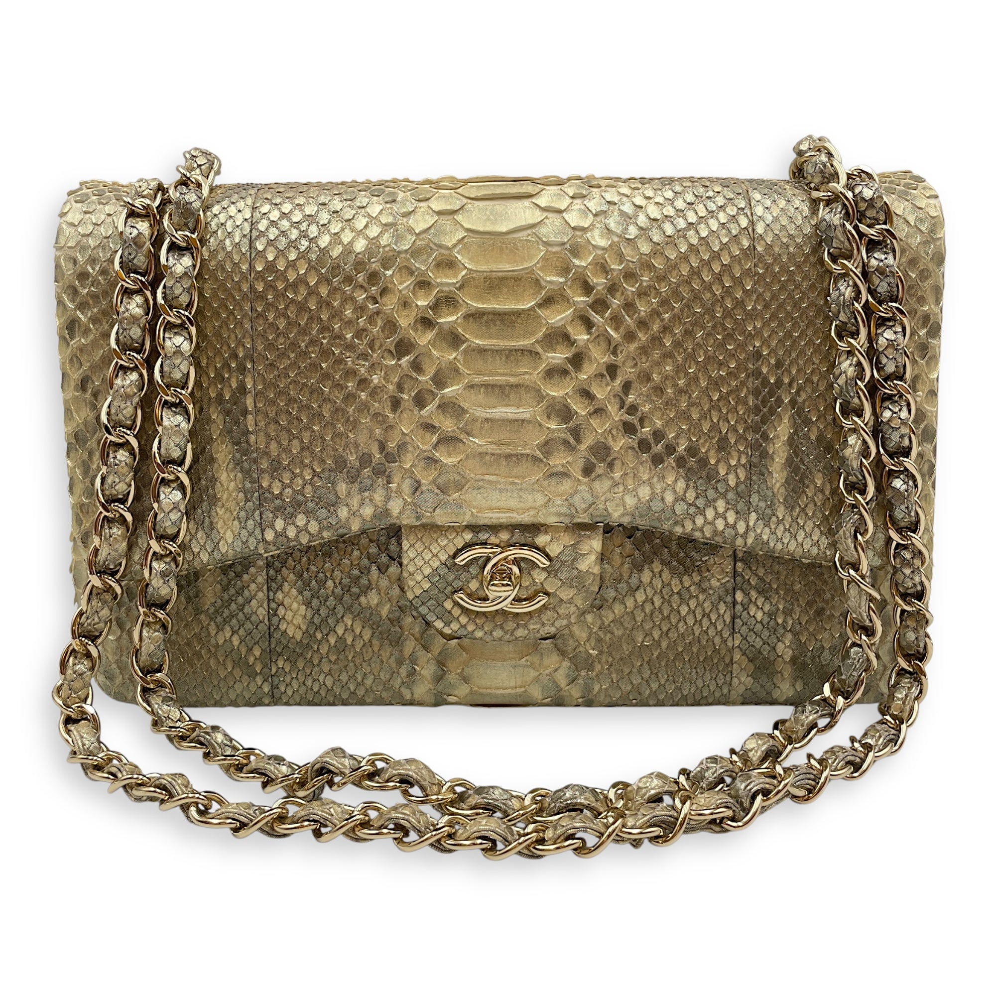 Python Double Flap Jumbo Gold Shoulder Bag in Python Leather, Gold hardware