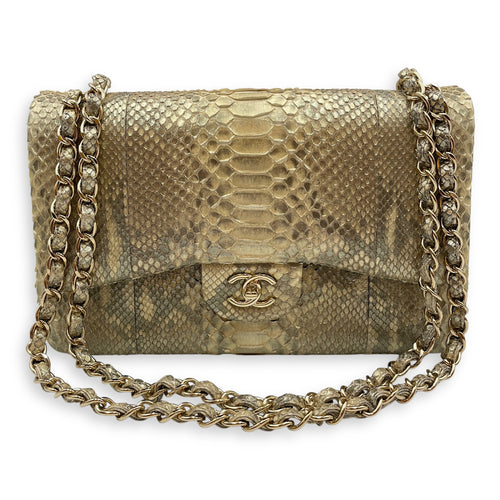 Python Double Flap Jumbo Gold Shoulder Bag in Python Leather, Gold hardware