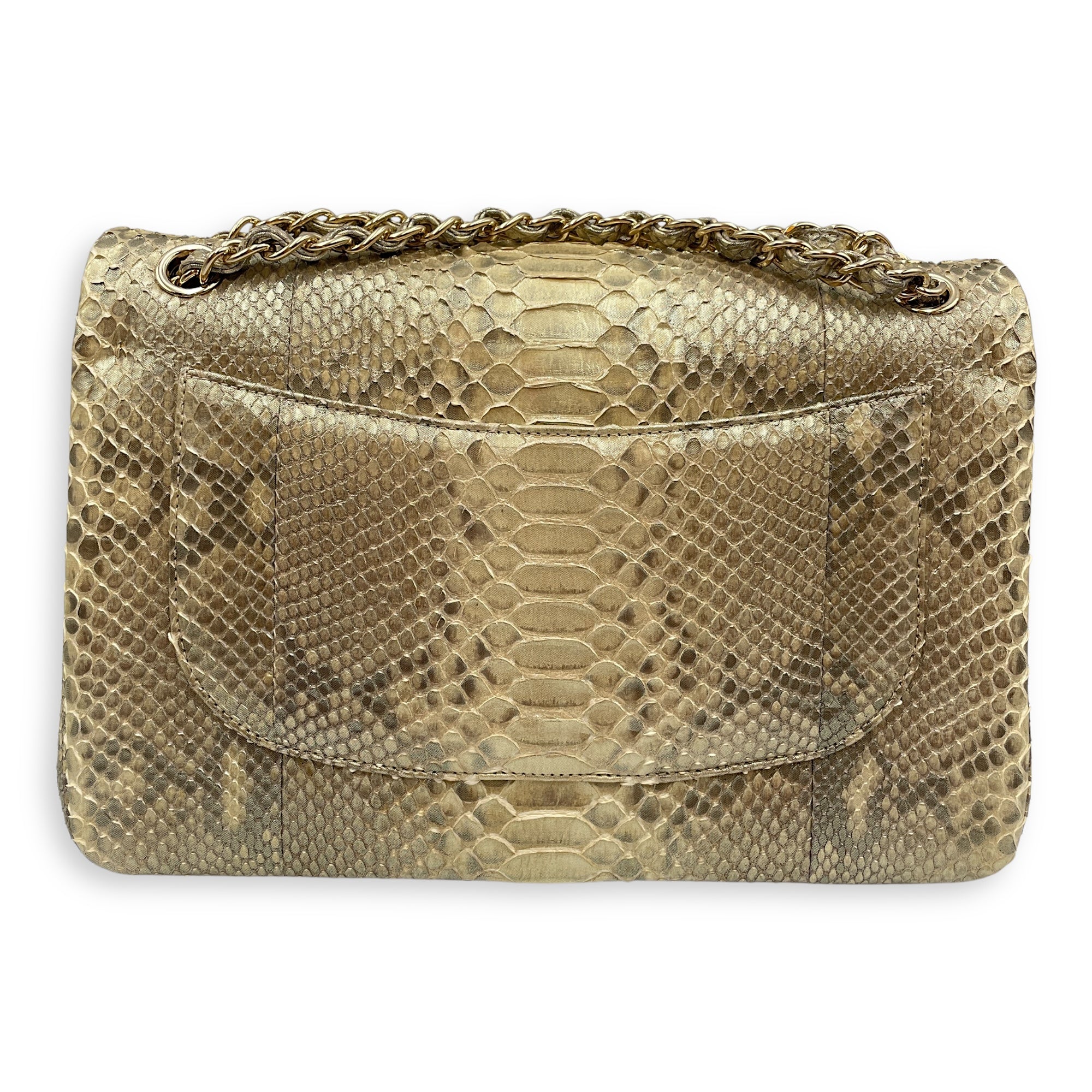 Python Double Flap Jumbo Gold Shoulder Bag in Python Leather, Gold hardware
