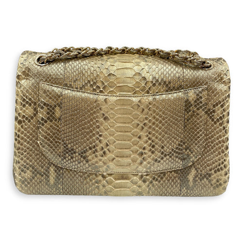 Python Double Flap Jumbo Gold Shoulder Bag in Python Leather, Gold hardware