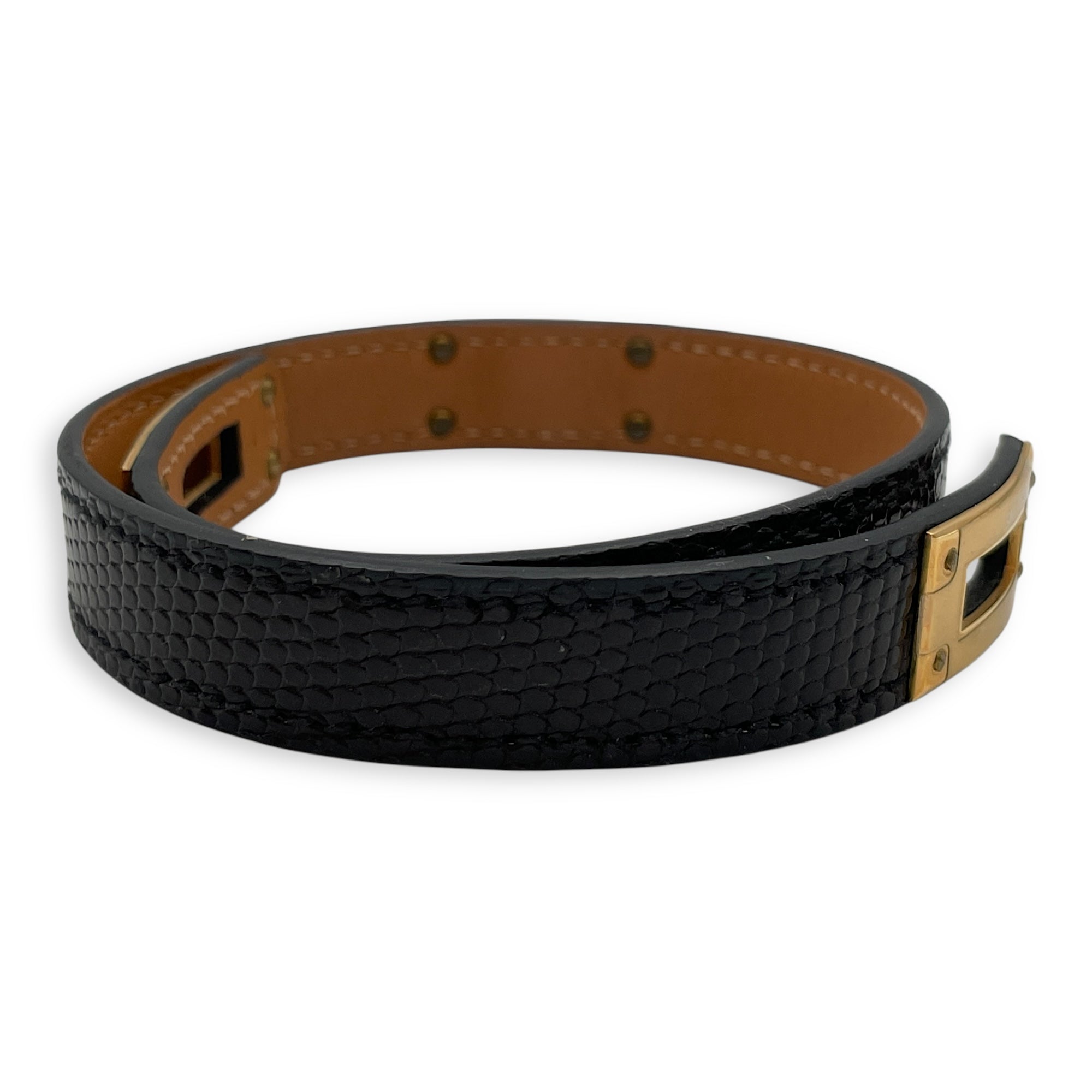 Kelly Double Tour T1 Black Bracelet in Lizard Varanus Niloticus, Gold hardware