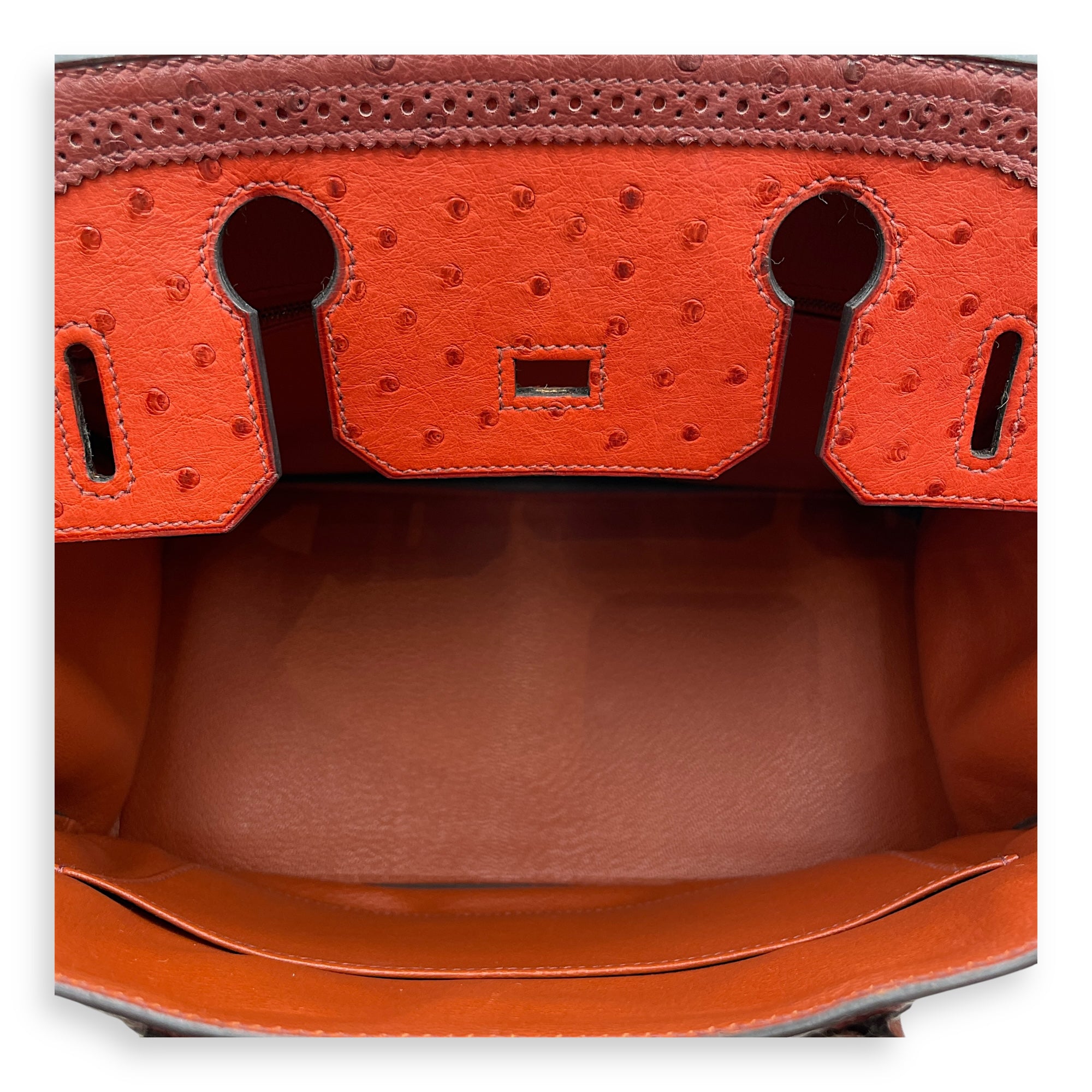 Birkin 30 Rouge H Brique Sunset in Ostrich, Permabrass hardware