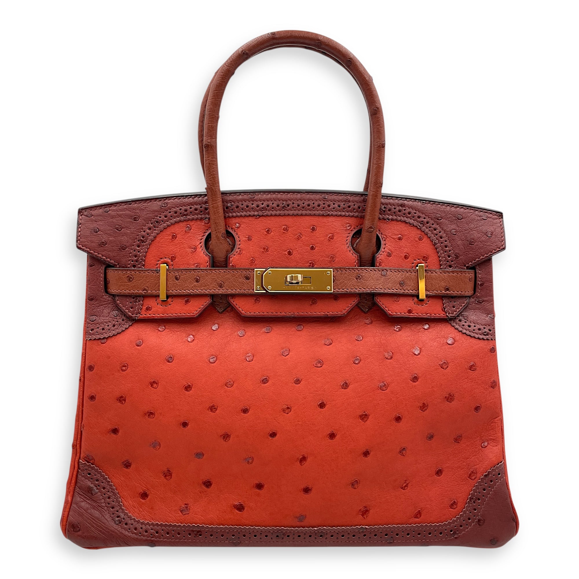 Birkin 30 Rouge H Brique Sunset in Ostrich, Permabrass hardware