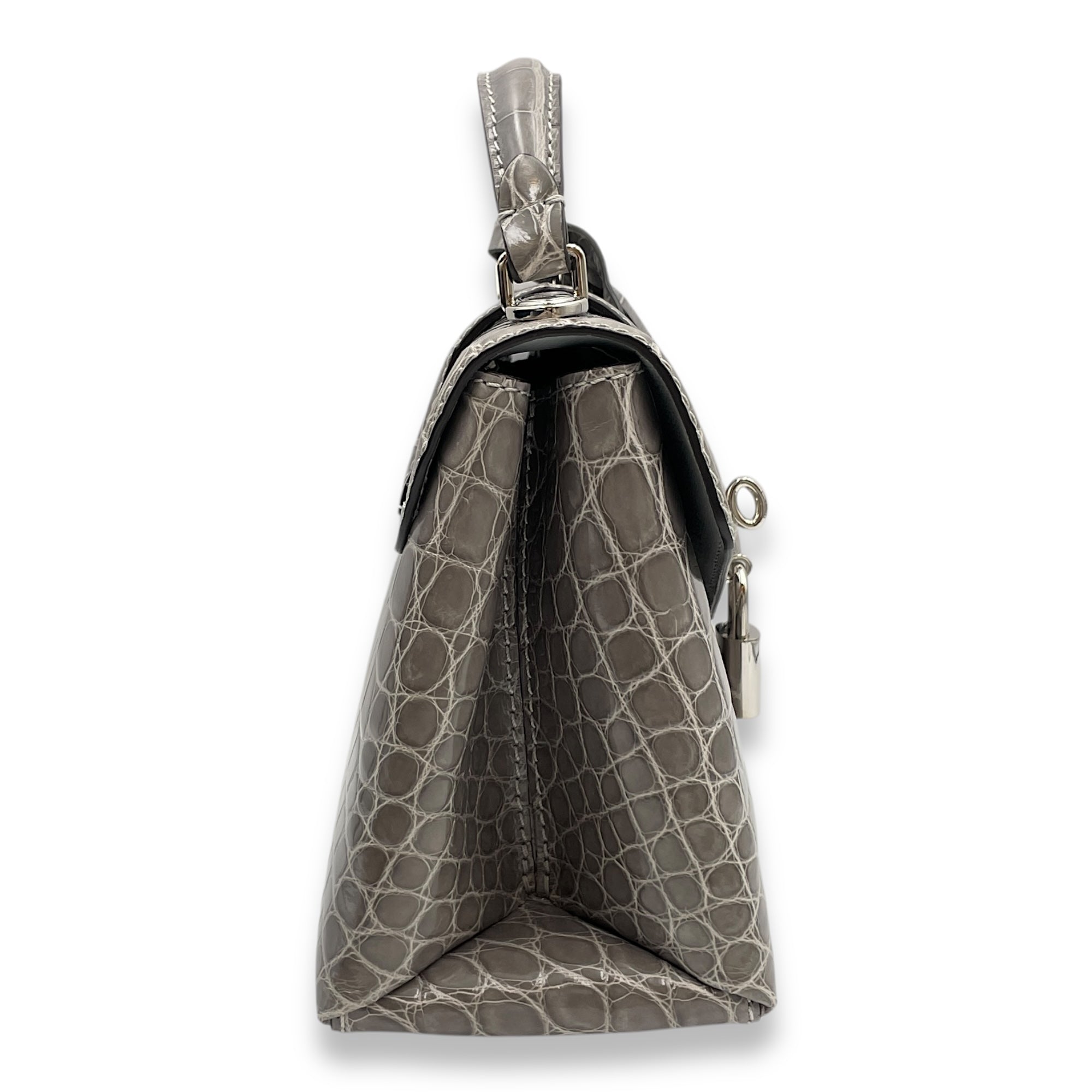 Rose Des Vents Mini Grey Top Handle Bag in Shiny Alligator, Palladium hardware