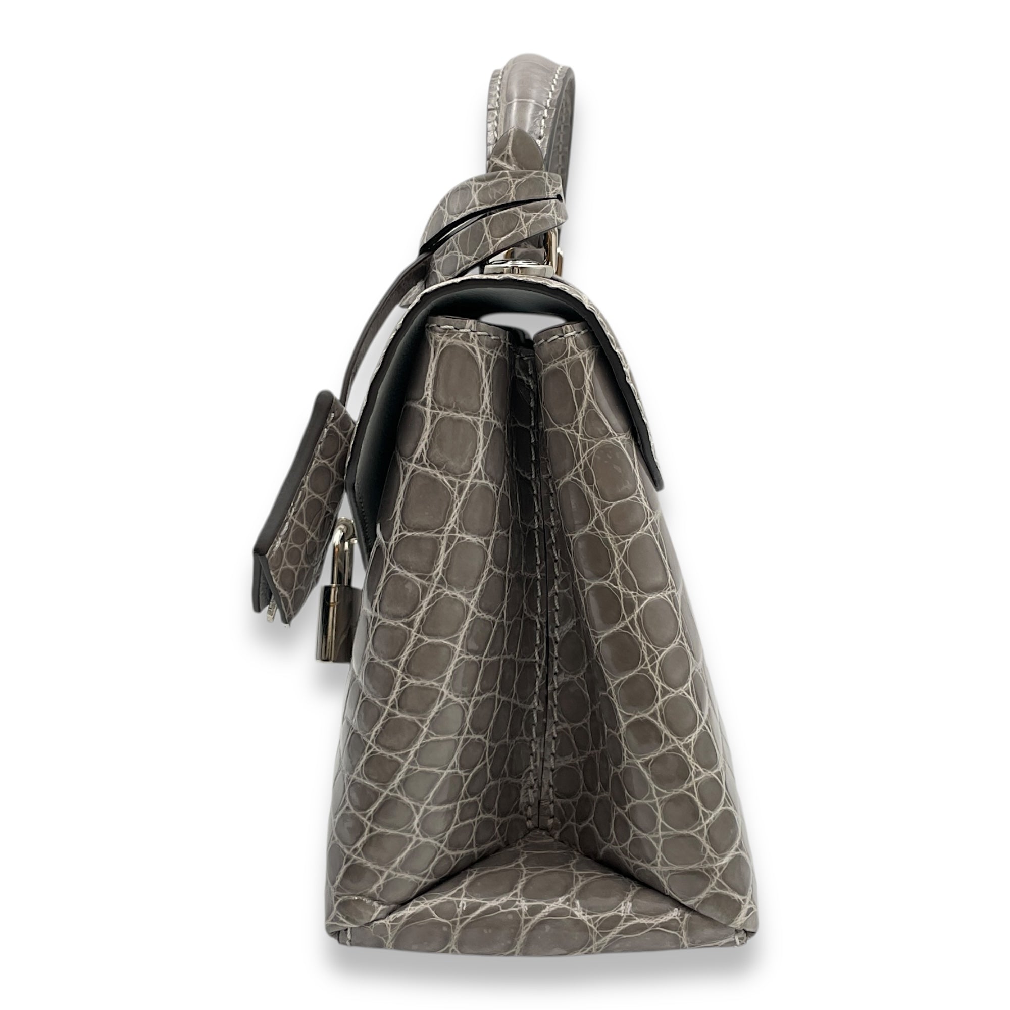 Rose Des Vents Mini Grey Top Handle Bag in Shiny Alligator, Palladium hardware