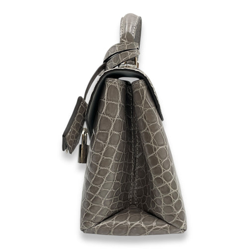 Rose Des Vents Mini Grey Top Handle Bag in Shiny Alligator, Palladium hardware