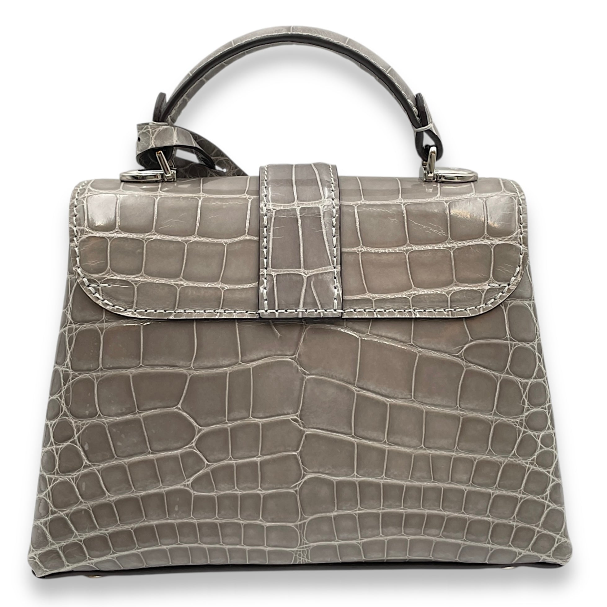 Rose Des Vents Mini Grey Top Handle Bag in Shiny Alligator, Palladium hardware