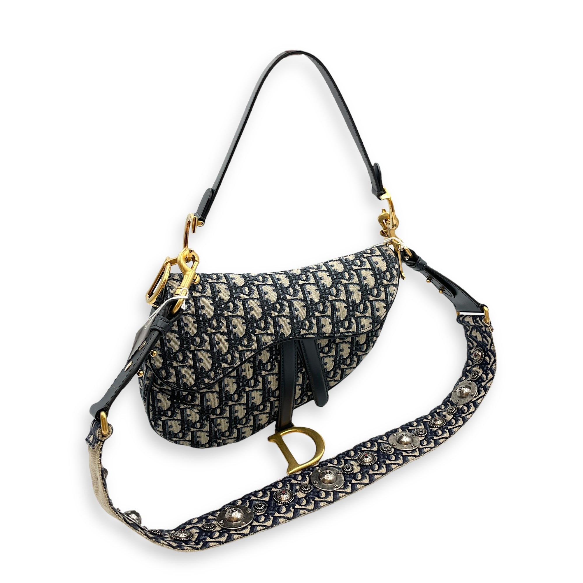 Oblique Saddle Blue Top Handle Bag in Canvas, Gold hardware