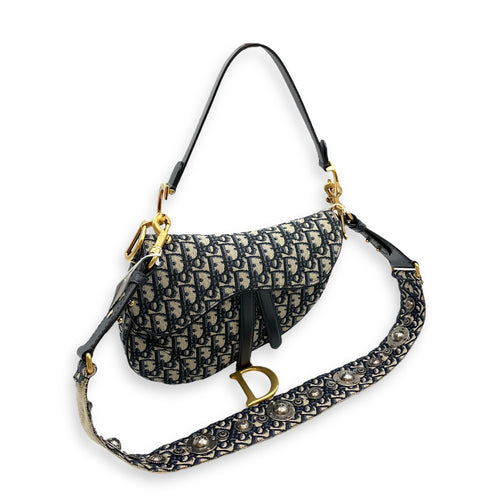 Oblique Saddle Blue Top Handle Bag in Canvas, Gold hardware