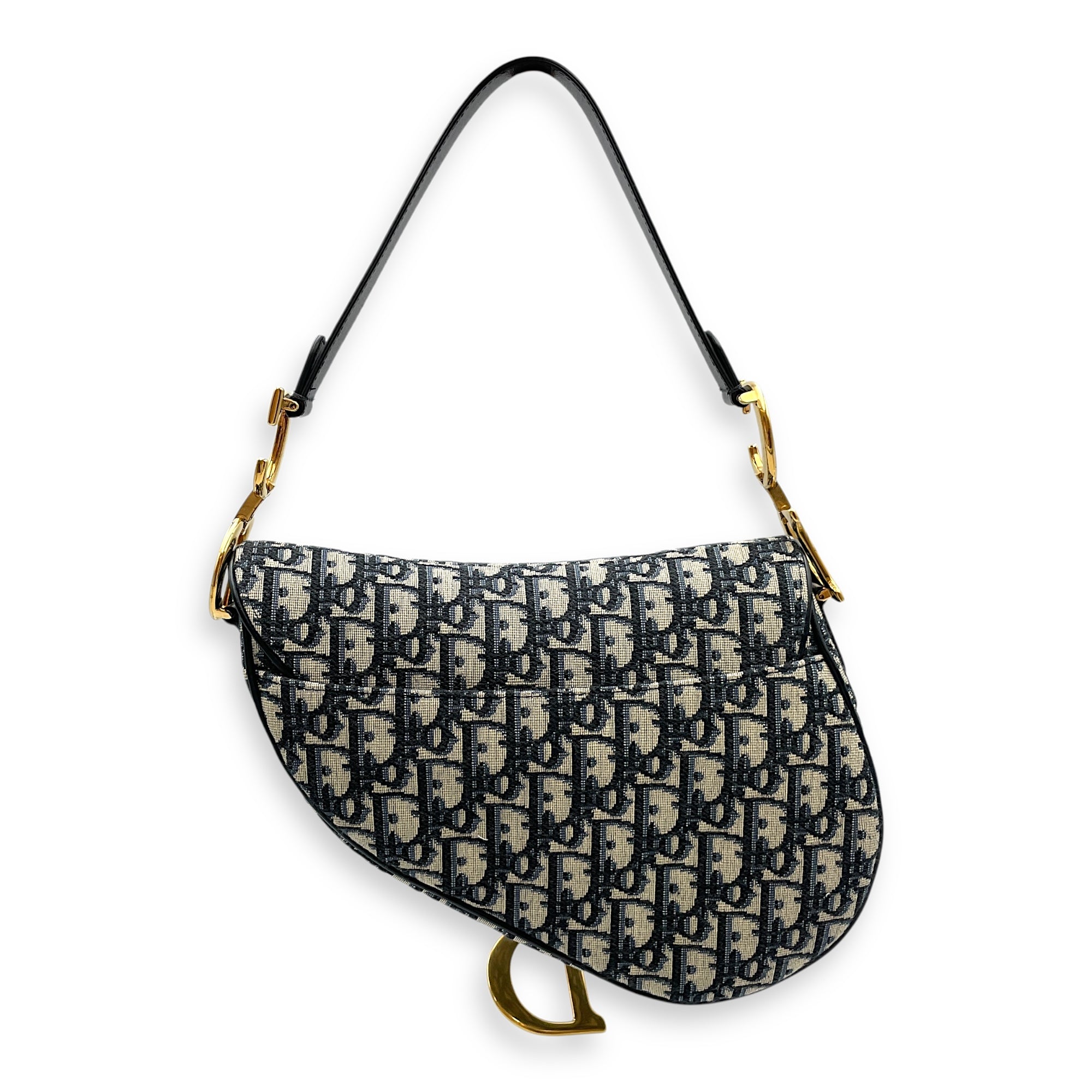 Oblique Saddle Blue Top Handle Bag in Canvas, Gold hardware