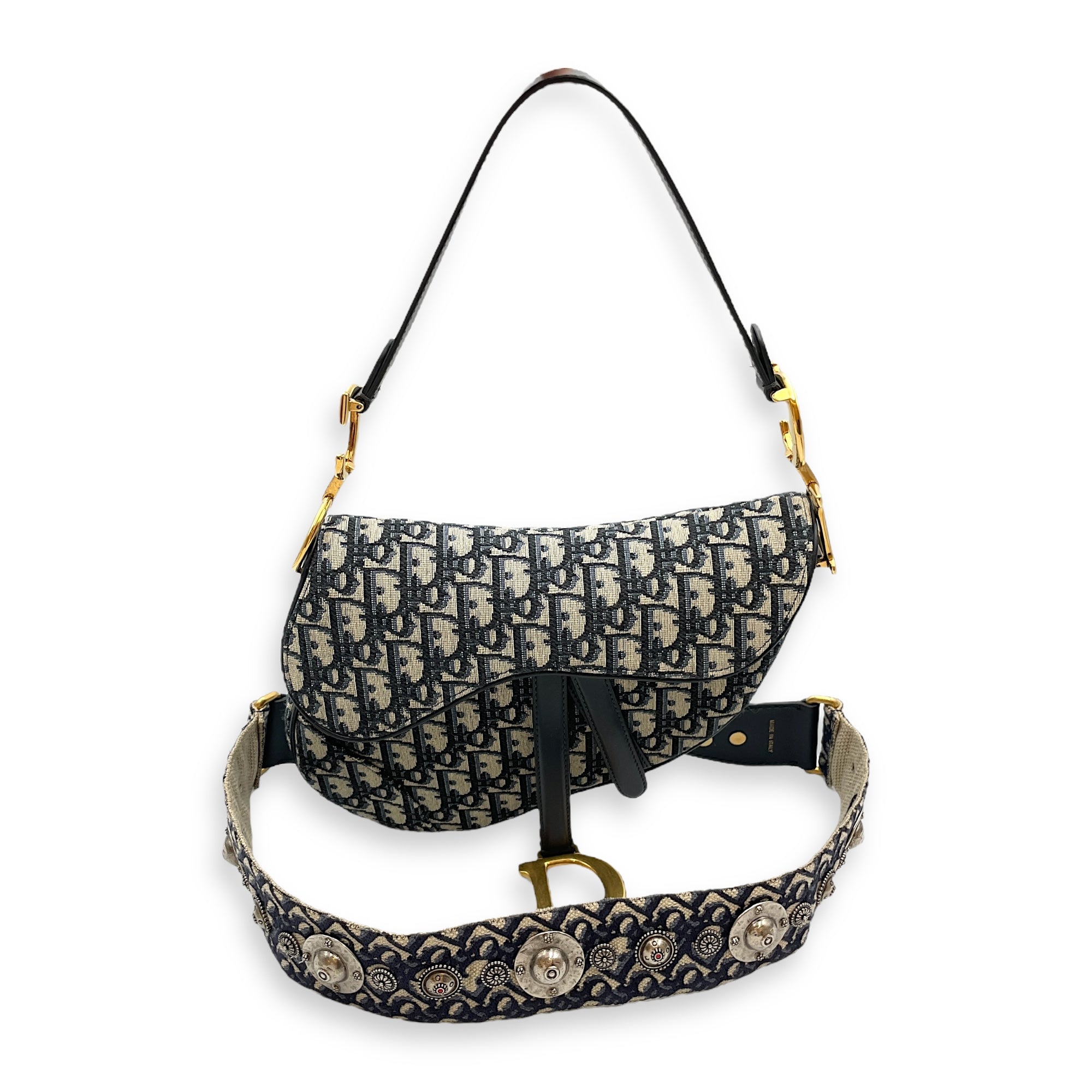 Oblique Saddle Blue Top Handle Bag in Canvas, Gold hardware