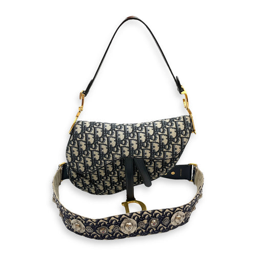 Oblique Saddle Blue Top Handle Bag in Canvas, Gold hardware