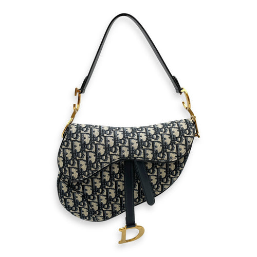 Oblique Saddle Blue Top Handle Bag in Canvas, Gold hardware