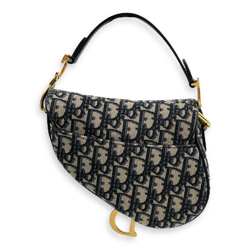 Oblique Saddle Mini Blue Top Handle Bag in Canvas, Gold hardware