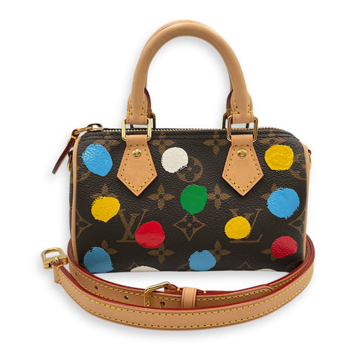 LV x YK Speedy Monogram Nano Brown/Multi-Color Crossbody Bag in Canvas, Gold hardware
