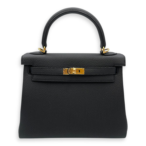 Kelly 25 Black in Togo, Gold hardware
