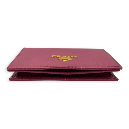 Short Bi-Fold Pink Card Holder in Saffiano Leather, Gold hardware