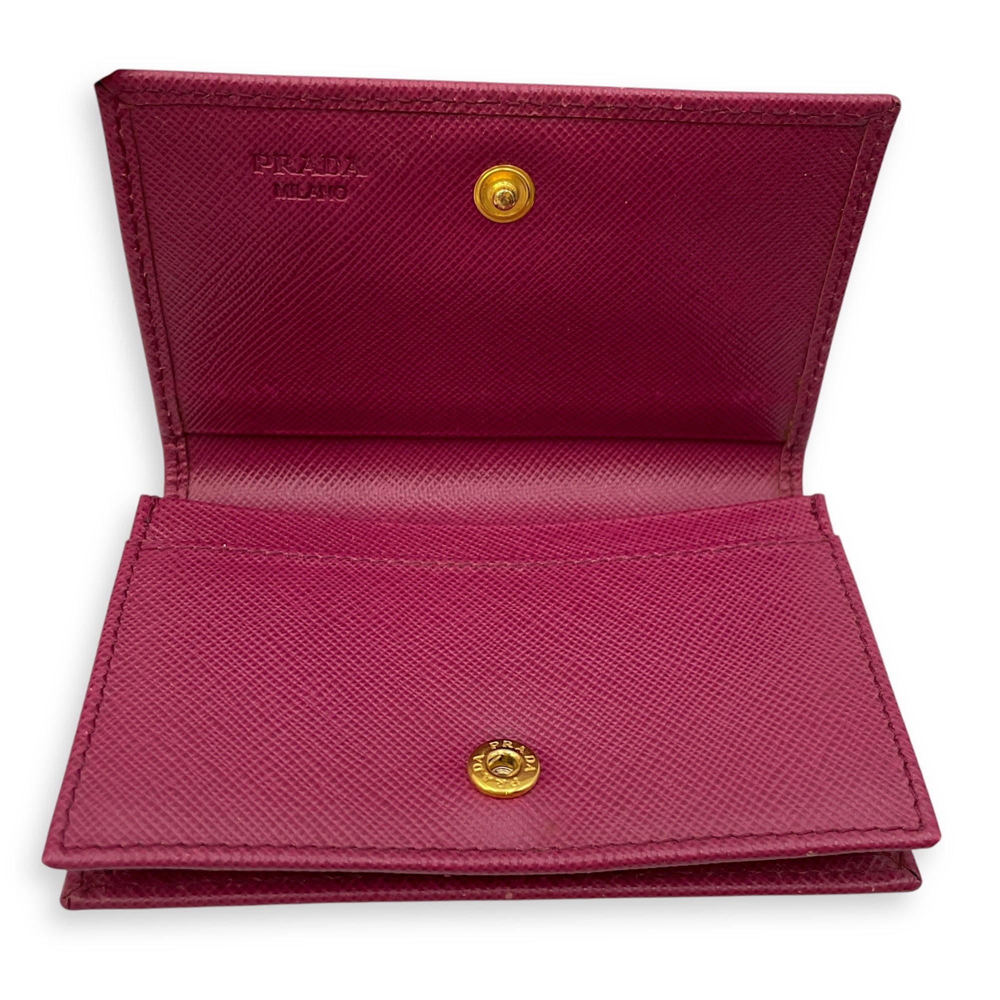 Short Bi-Fold Pink Card Holder in Saffiano Leather, Gold hardware