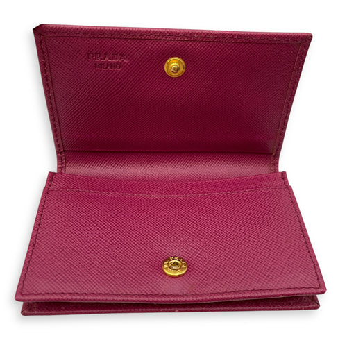 Short Bi-Fold Pink Card Holder in Saffiano Leather, Gold hardware