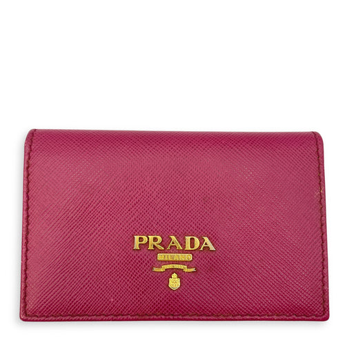 Short Bi-Fold Pink Card Holder in Saffiano Leather, Gold hardware
