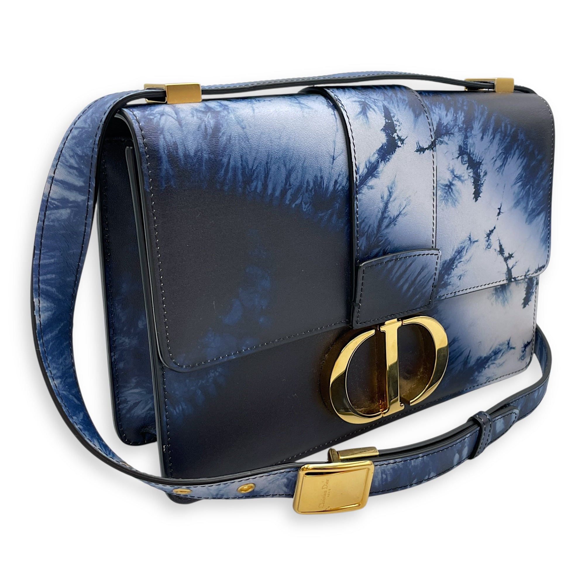 Montaigne Blue Crossbody Bag in Calfskin, Gold hardware