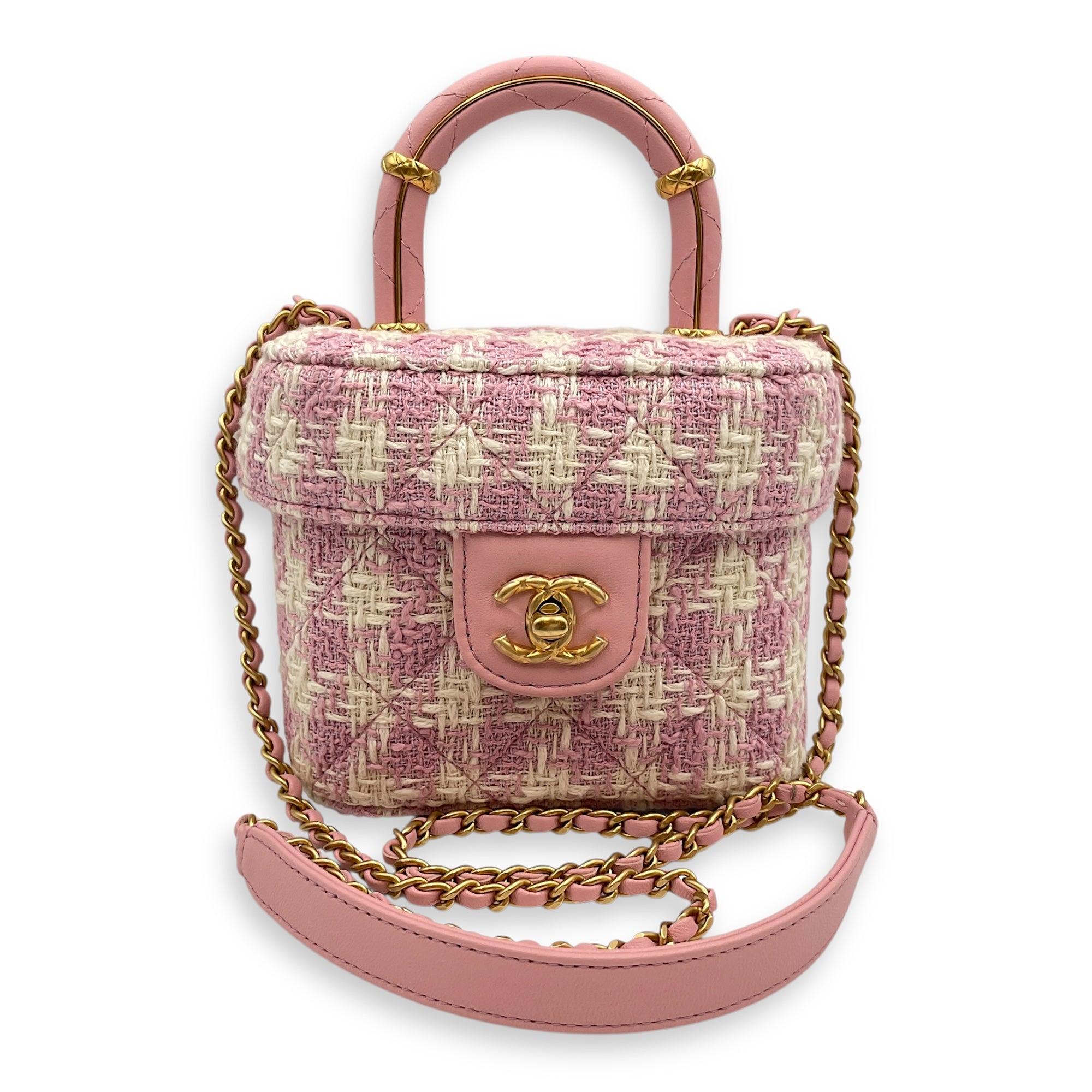 Matelasse Small Pink Vanity Case in Tweed, Gold hardware