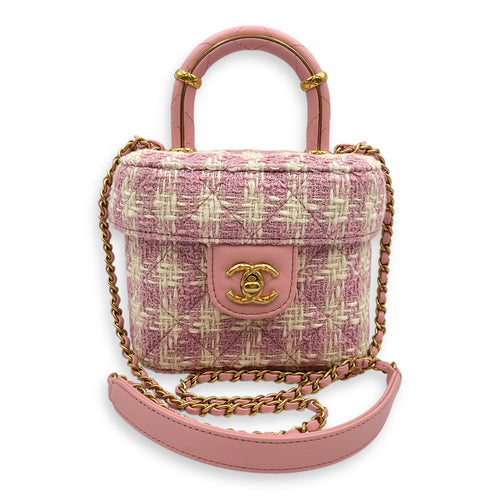 Matelasse Small Pink Vanity Case in Tweed, Gold hardware