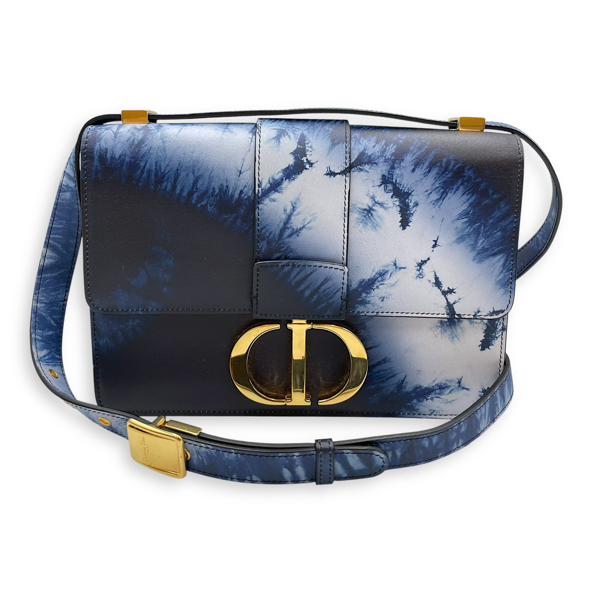 Montaigne Blue Crossbody Bag in Calfskin, Gold hardware