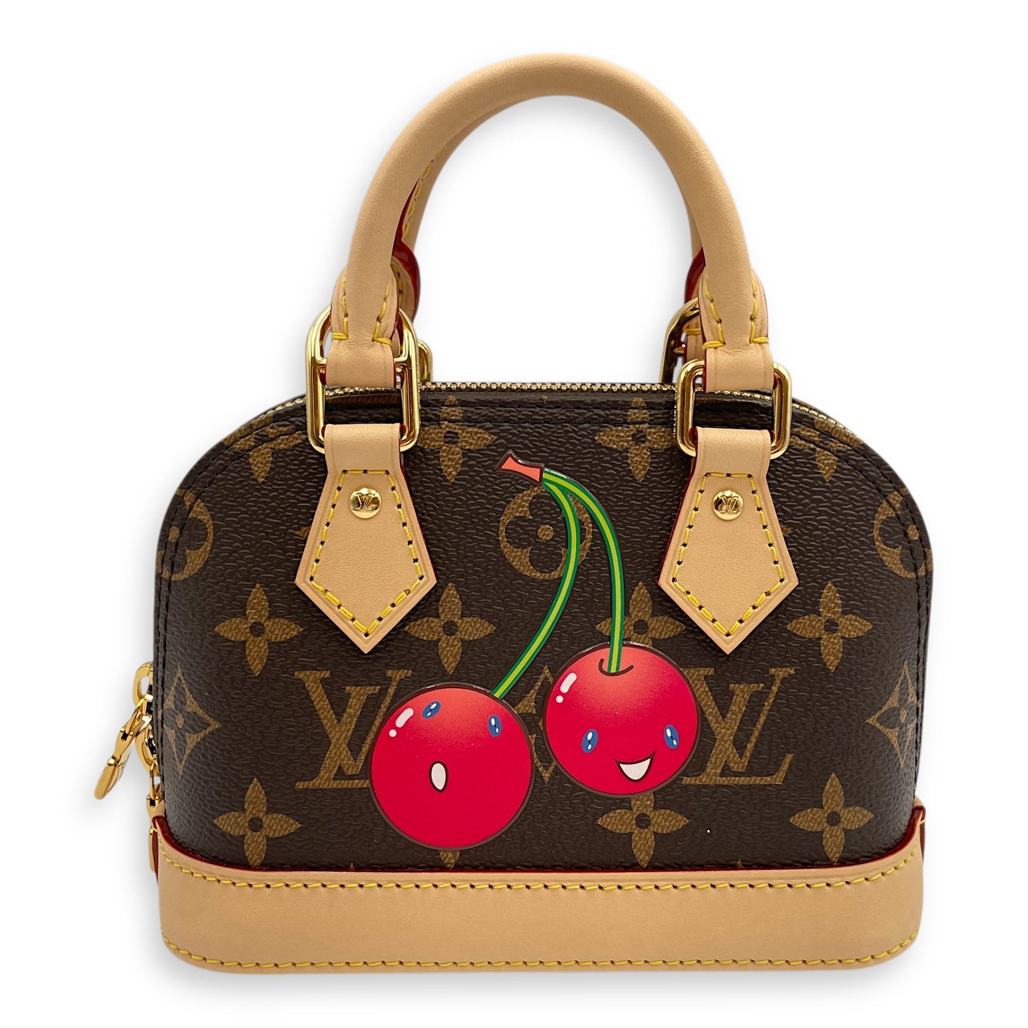 Alma LV x TM Cherry Nano Brown Monogram Top Handle Bag in Coated Canvas, Gold hardware