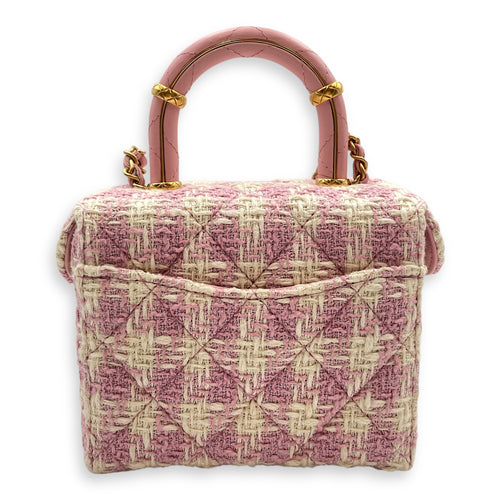 Matelasse Small Pink Vanity Case in Tweed, Gold hardware