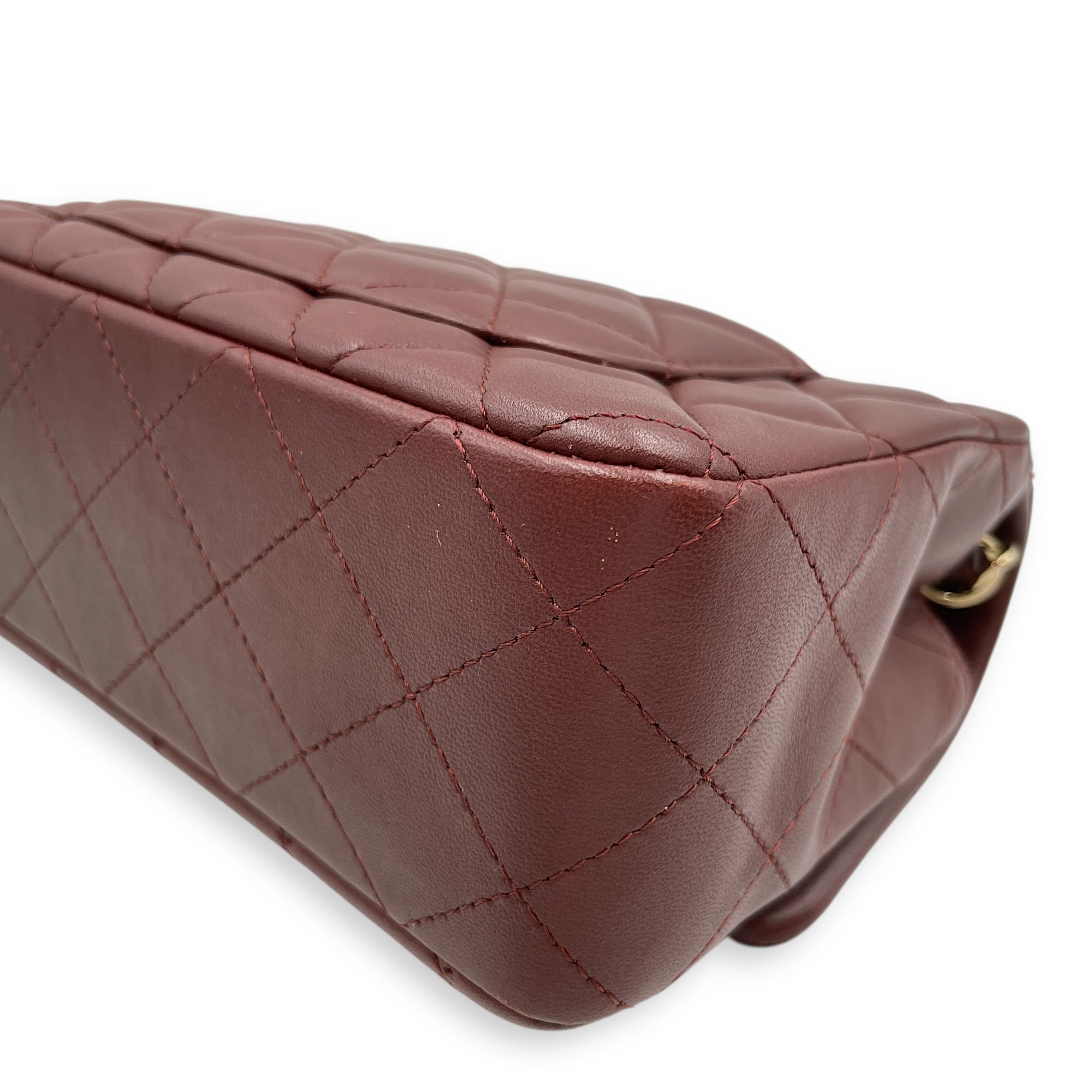 Rectangular Mini Burgundy Flap Bag in Lambskin, Gold hardware