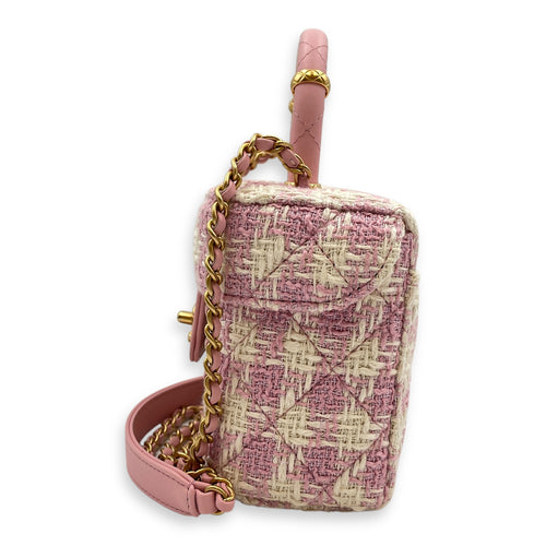Matelasse Small Pink Vanity Case in Tweed, Gold hardware