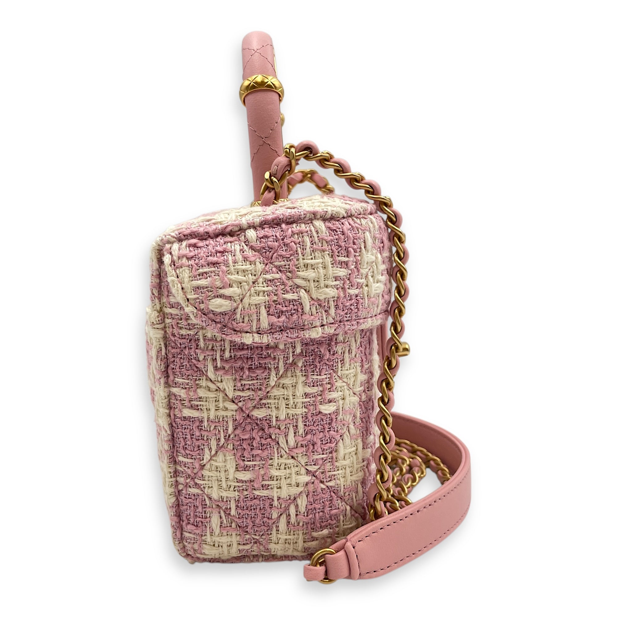 Matelasse Small Pink Vanity Case in Tweed, Gold hardware
