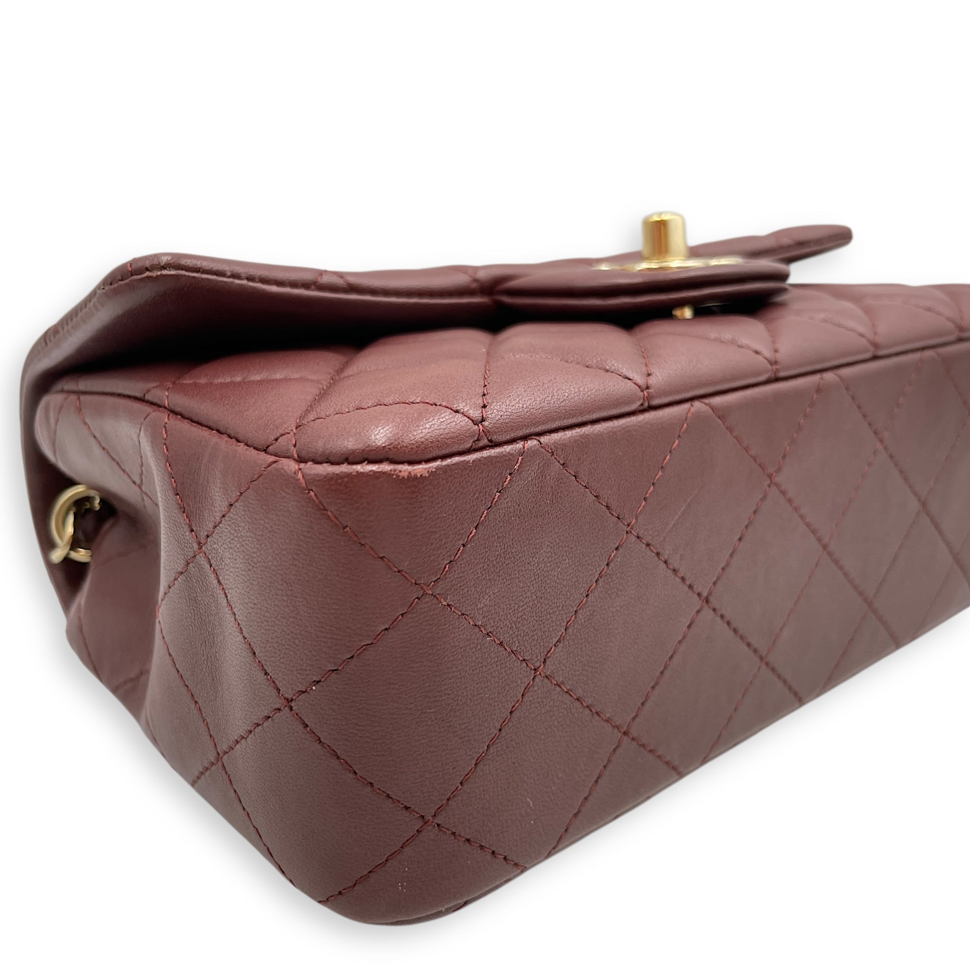 Rectangular Mini Burgundy Flap Bag in Lambskin, Gold hardware