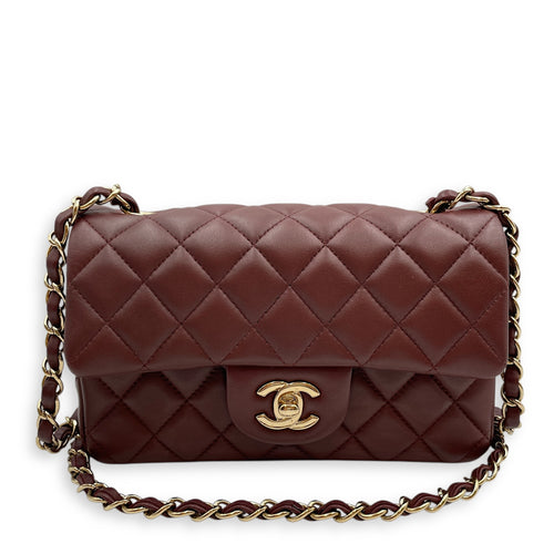 Rectangular Mini Burgundy Flap Bag in Lambskin, Gold hardware