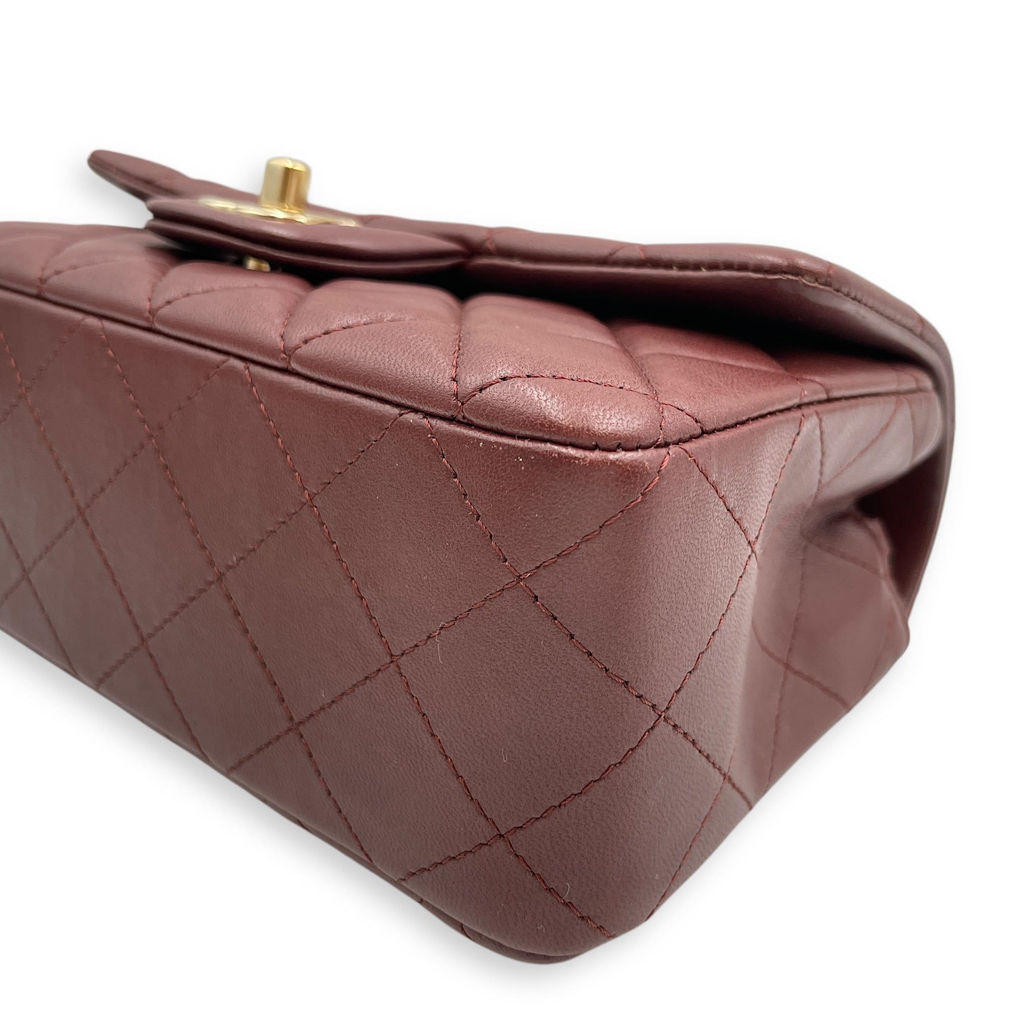 Rectangular Mini Burgundy Flap Bag in Lambskin, Gold hardware