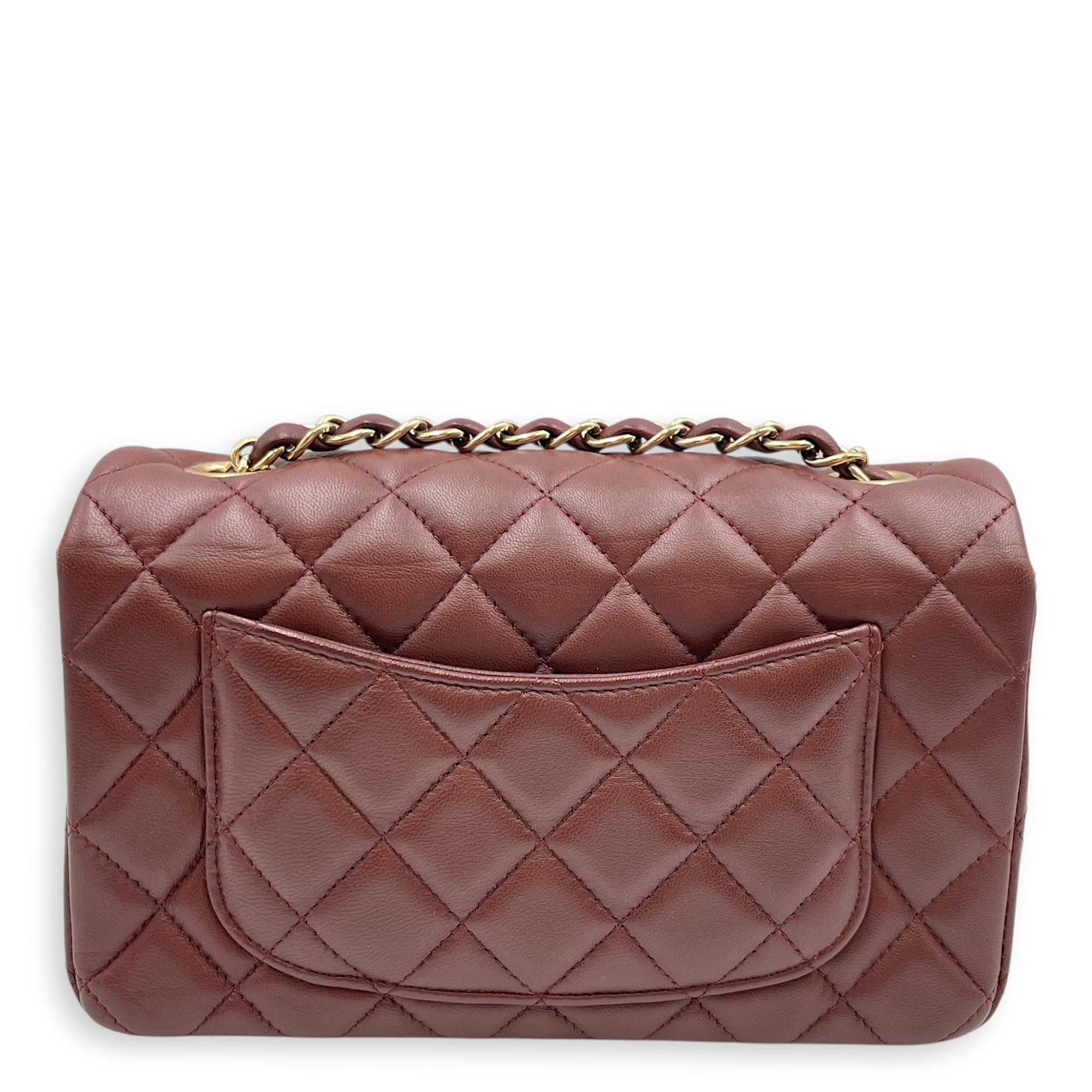 Rectangular Mini Burgundy Flap Bag in Lambskin, Gold hardware